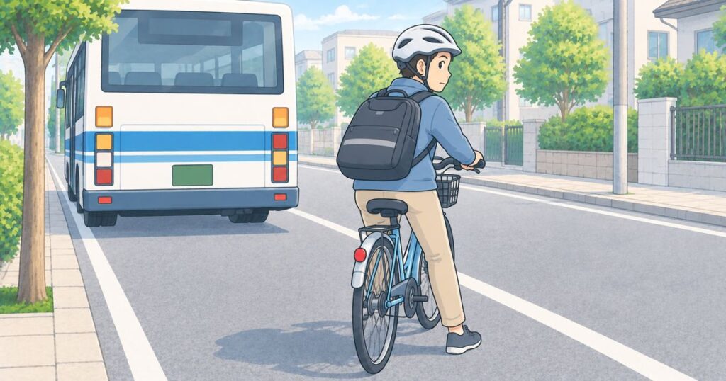 停車中のバスの後方で右後方を確認する自転車利用者