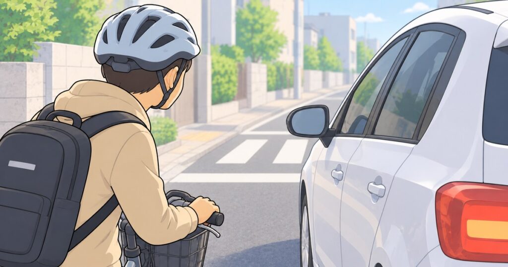 停止車両の前方へ視線を向けて確認する自転車利用者