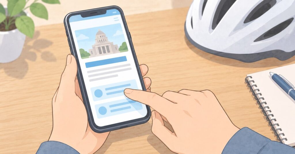 自宅の机でスマートフォンから制度情報を確認する手元