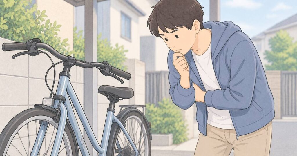 自宅の駐輪スペースで自転車の傷を確認する人