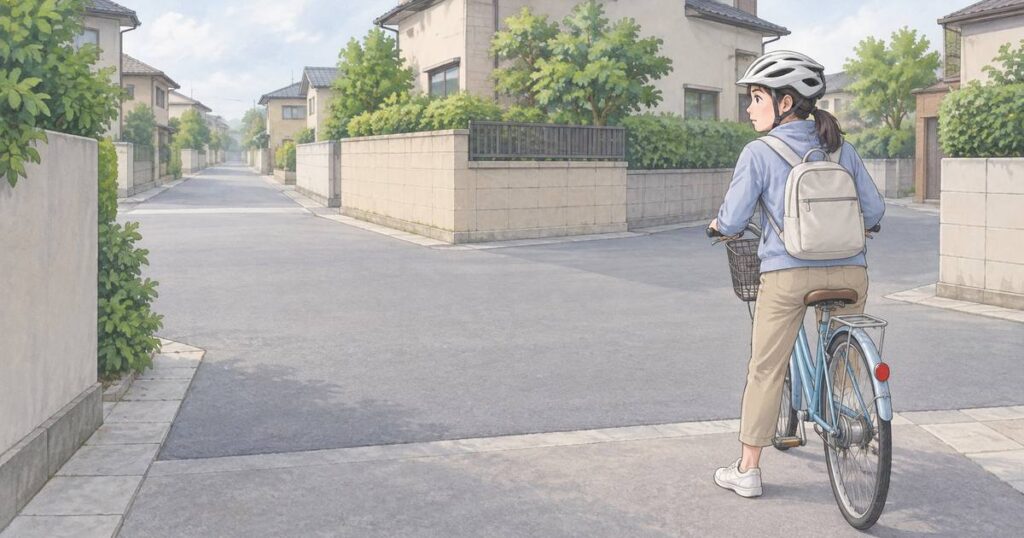 同程度の道幅の交差点手前で左方を確認する自転車利用者