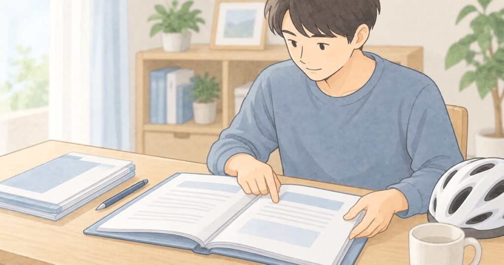 自宅の机で自分の保険関係書類を確認する自転車利用者
