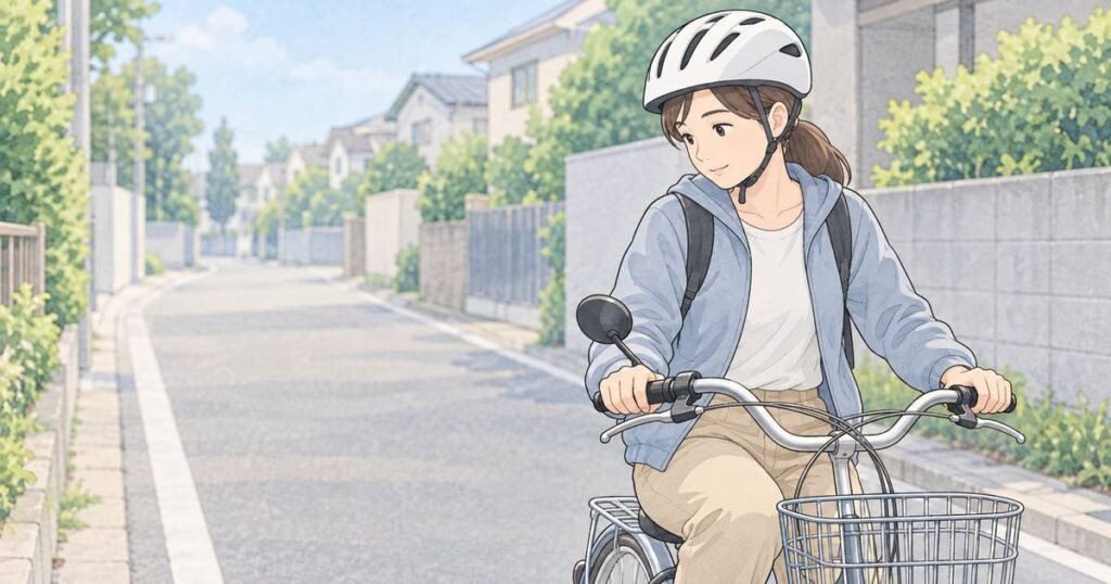 住宅街を走りながらハンドルミラーを確認する自転車利用者
