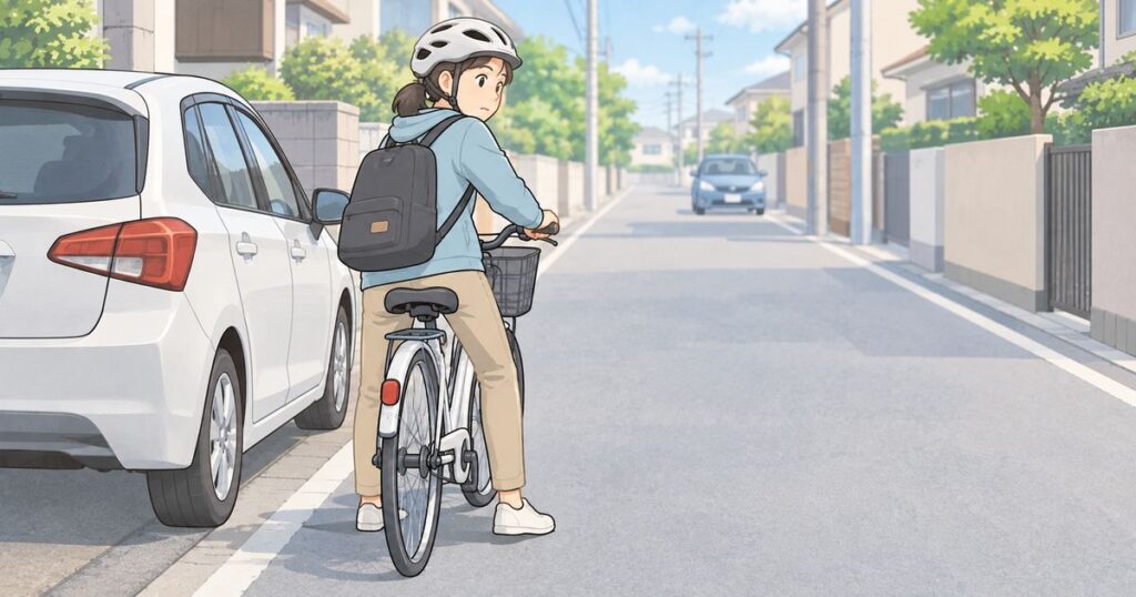 駐車車両の後方で停止して右後方を確認する自転車利用者