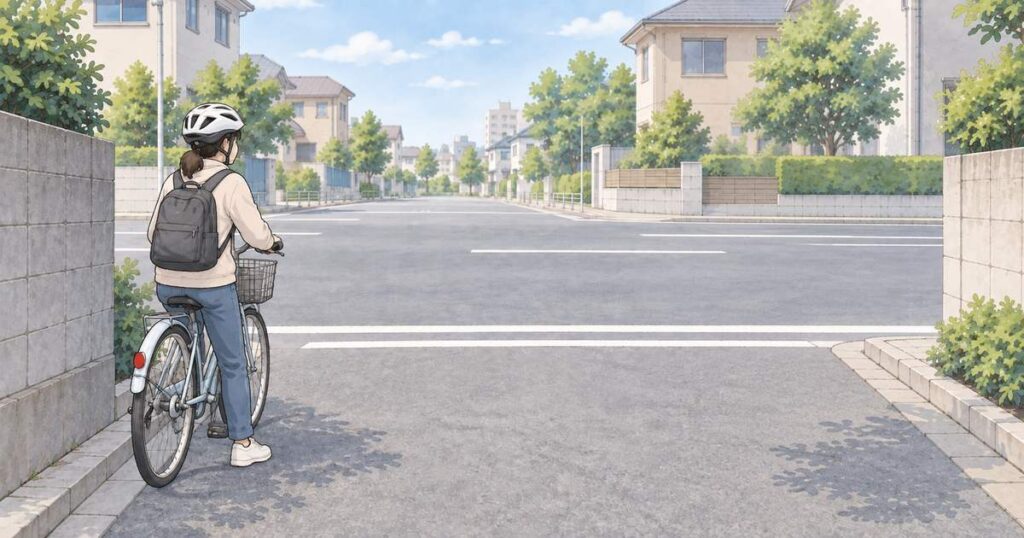 狭い生活道路から幅の広い交差道路を確認する自転車利用者