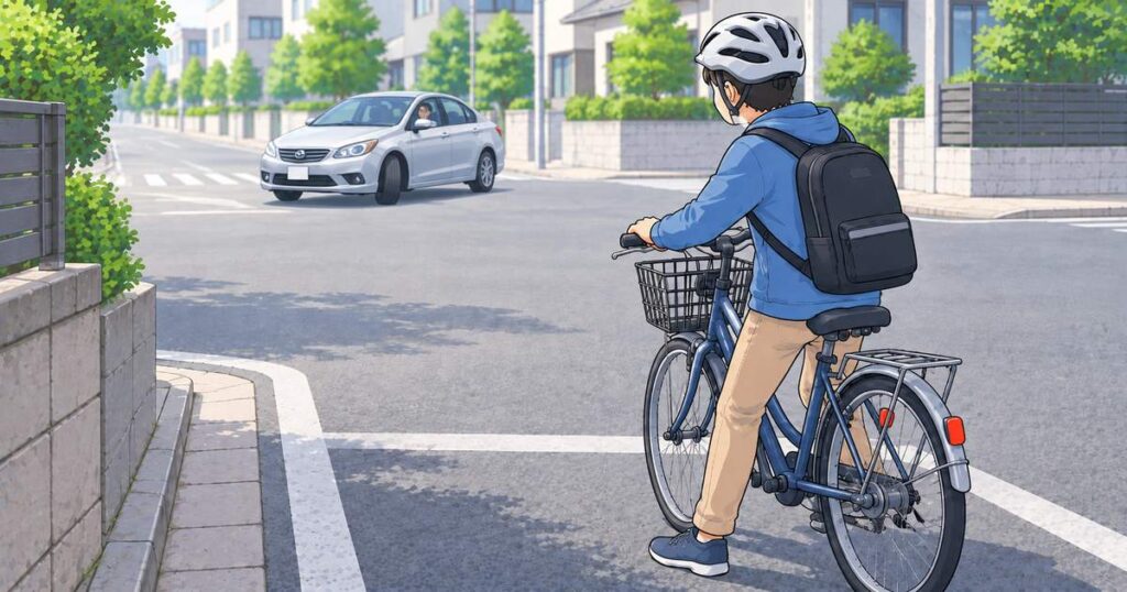 対向右折車の動きを確認しながら交差点手前で待つ自転車利用者のイラスト