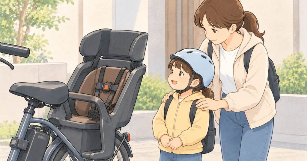 安定した自転車の横で親と一緒に待つ子ども
