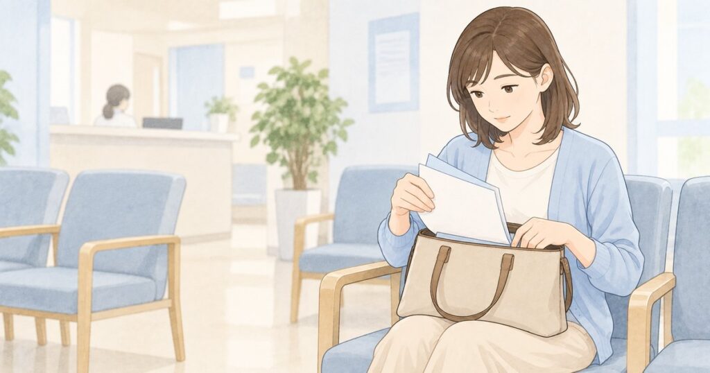病院の待合で診療書類をバッグへしまう人