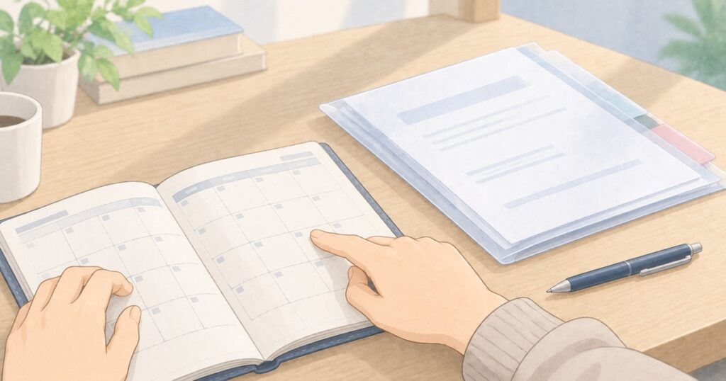 通院記録をそばに置き手帳で請求時期を確認する手元