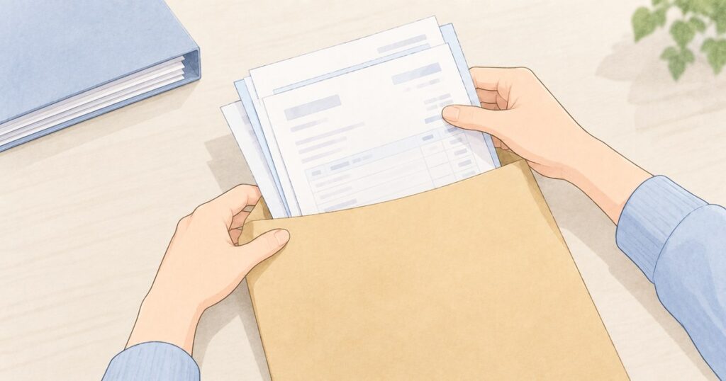 被害者請求の提出書類を封筒へ入れる手元