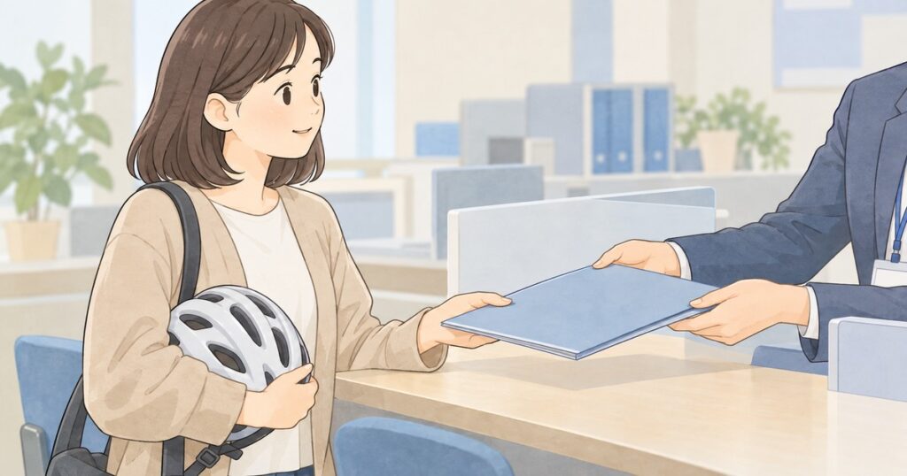 損害保険会社の相談窓口で案内ファイルを受け取る自転車利用者
