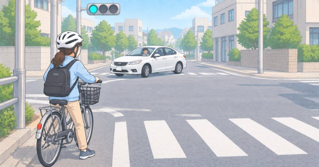 青信号の交差点手前で停止し、対向右折車を確認する自転車利用者
