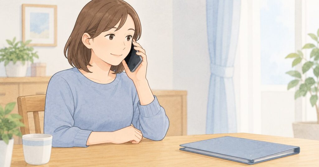 自宅で加入先へ電話する人とテーブル上の書類フォルダー