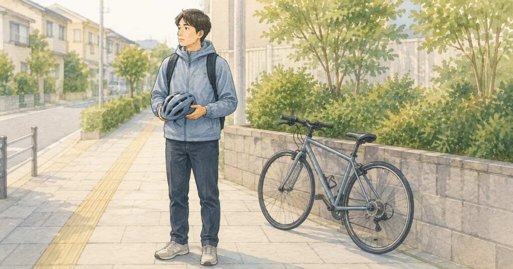 自転車から降りて外したヘルメットを両手で持つ利用者