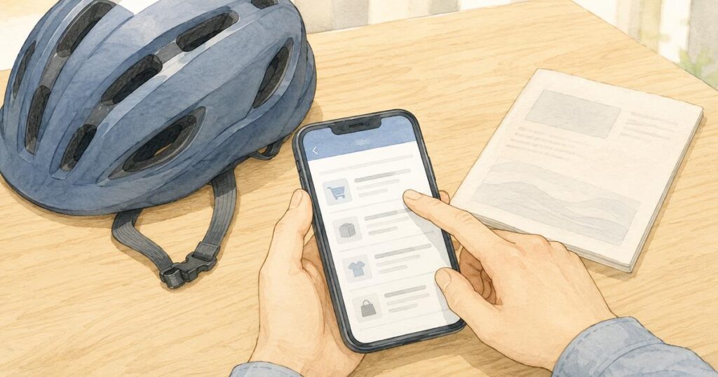 机上のヘルメットを横に置きスマートフォンで購入時期を確認する手元