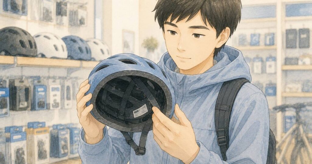 自転車用品店で新品ヘルメットの内側の表示を確認する人