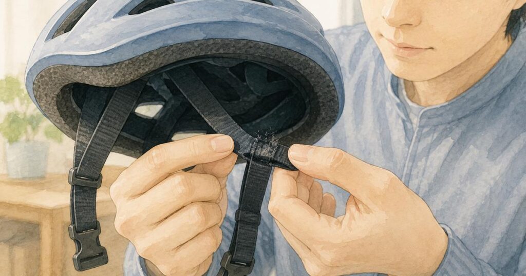ヘルメットのあごひもの付け根にあるほつれを確認する手元