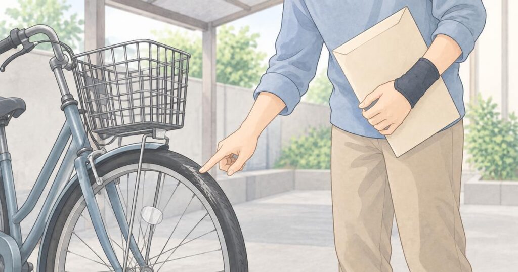 駐輪した自転車の損傷を受診後に確認する人
