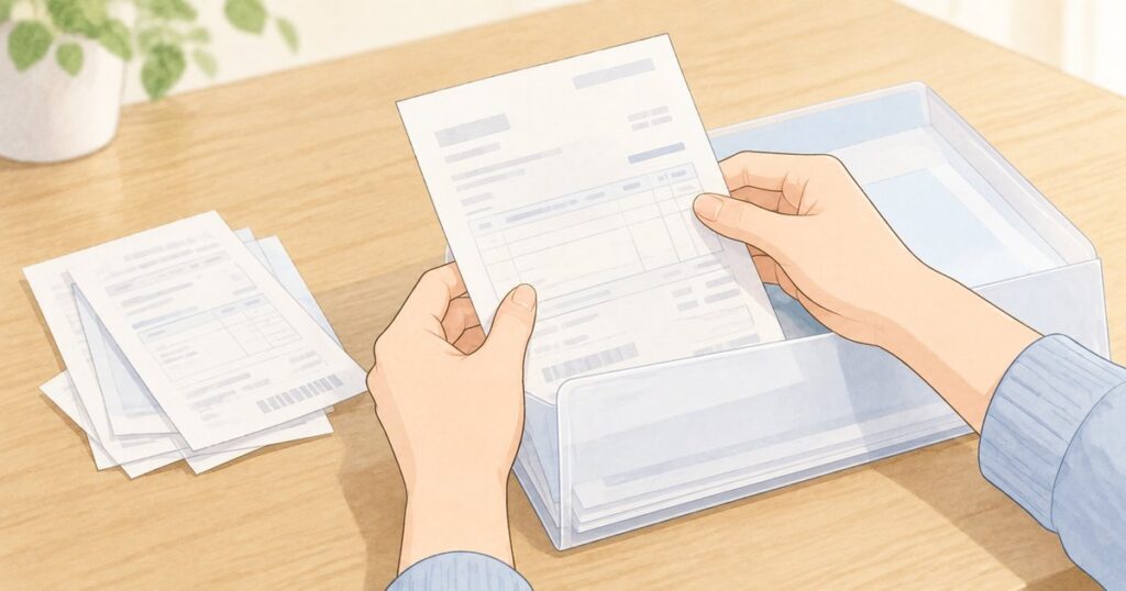 診療費の領収書をファイルへ収める手元