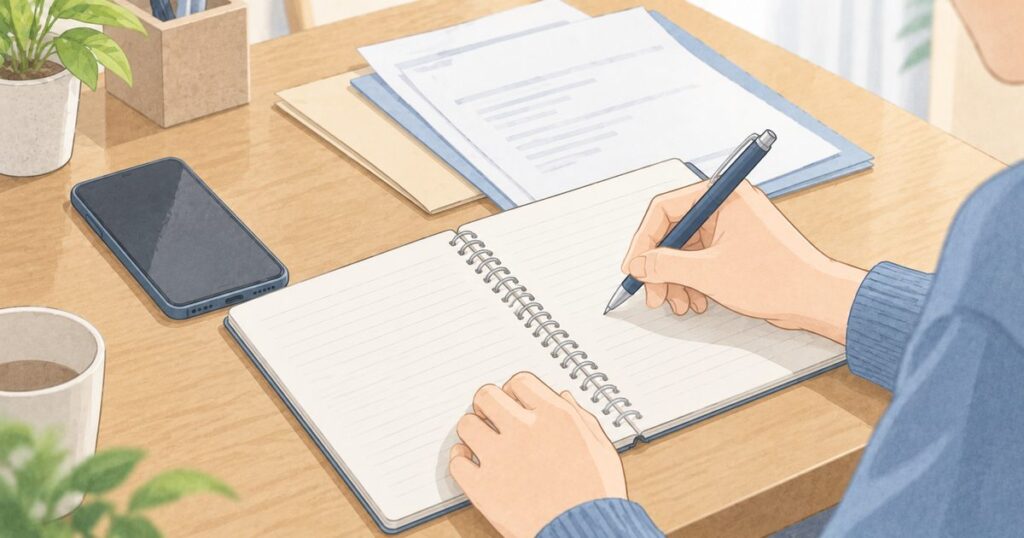 保険会社とのやり取りをノートに記録する手元