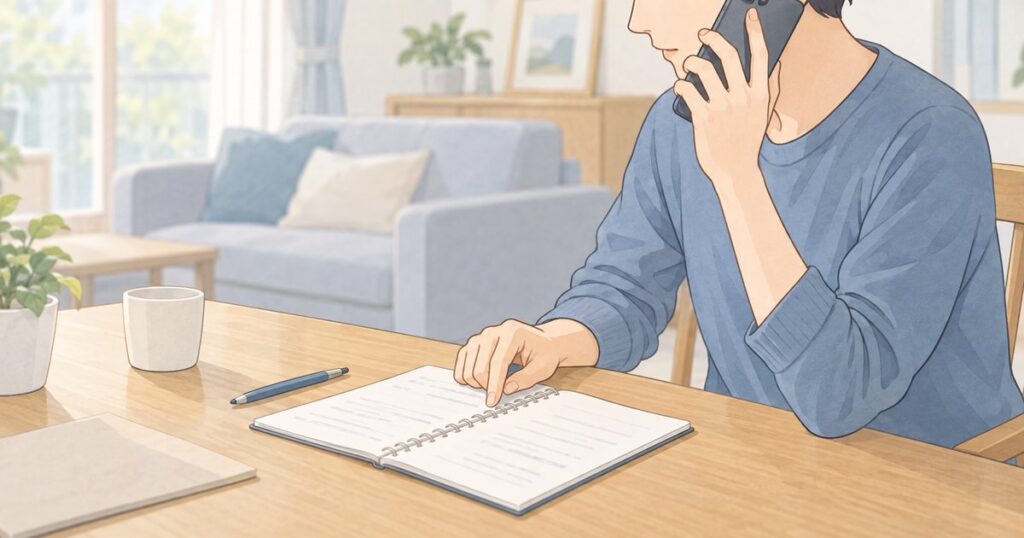 自宅で電話を受けながら事故メモを確認する人