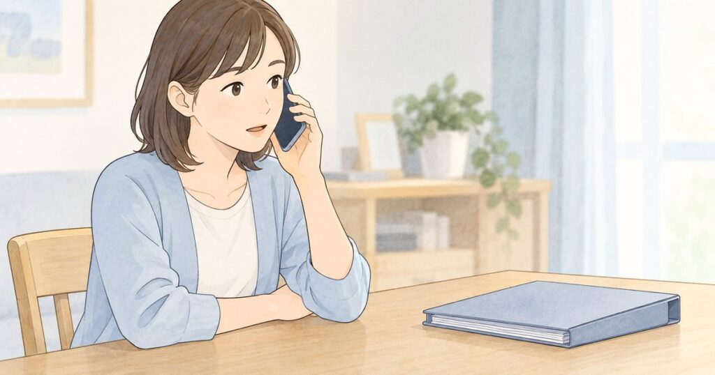 自宅の机で保険会社へ電話して対応状況を確認する人
