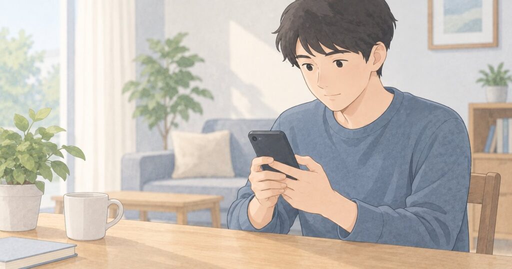 自宅で椅子に座りスマートフォンの位置情報を確認する人