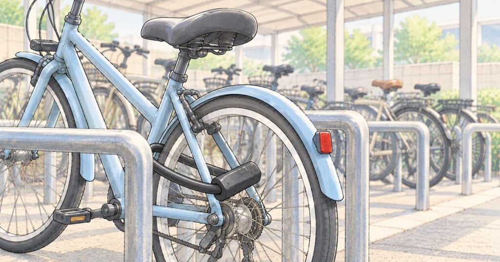 駐輪スペースのラックに収めて鍵を掛けた自転車