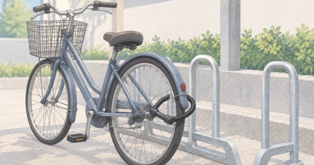 駐輪ラックに停めてロックを掛けた一台の自転車