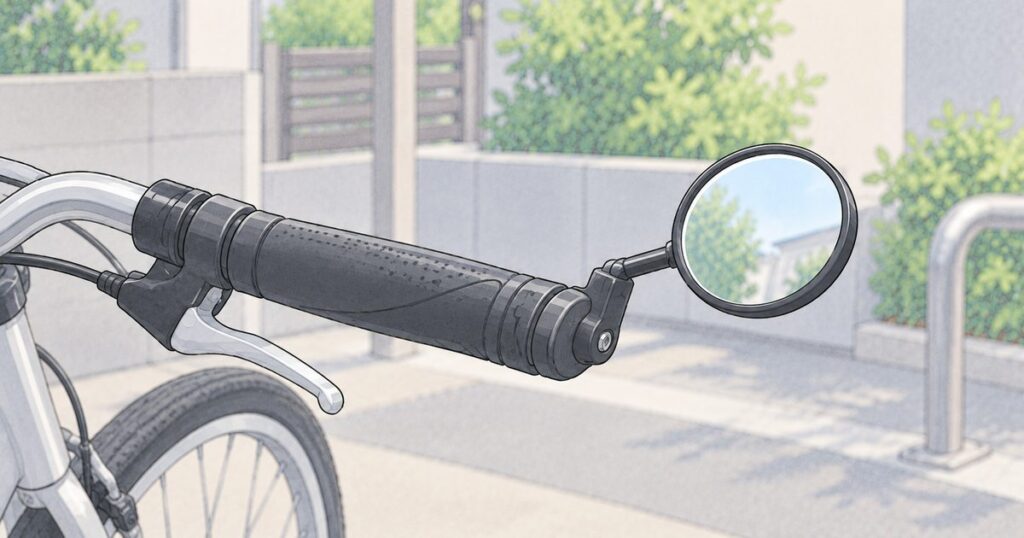 ハンドル端に取り付けた自転車用ミラーの張り出しが見える自転車