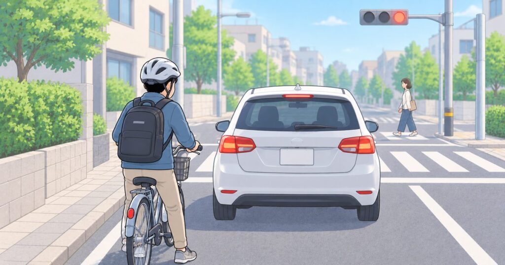 横断歩道から離れた住宅街の路肩に駐車している乗用車
