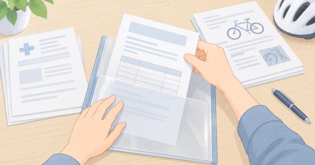 机上で治療費と自転車修理の関係書類を整理する手元