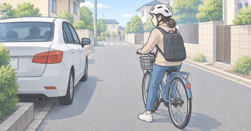駐車車両の手前で停止し運転席側ドア付近を確認する自転車利用者