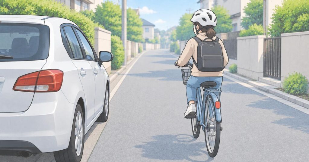 駐車車両の手前で停止し側方の通過空間を確認する自転車利用者