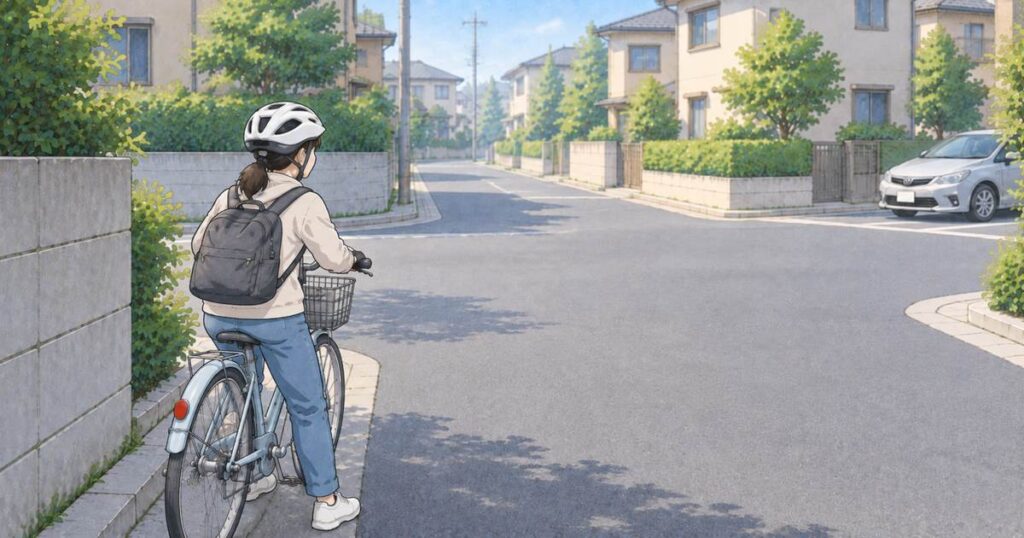 交差点手前でブレーキに指を掛け脇道を確認する自転車利用者
