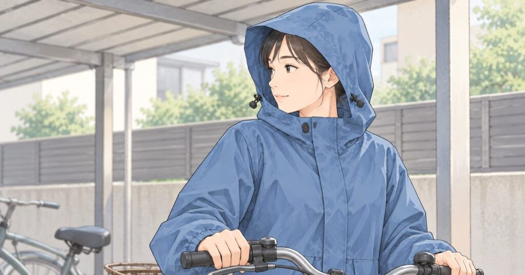 フードをかぶって左後方を確認する自転車利用者