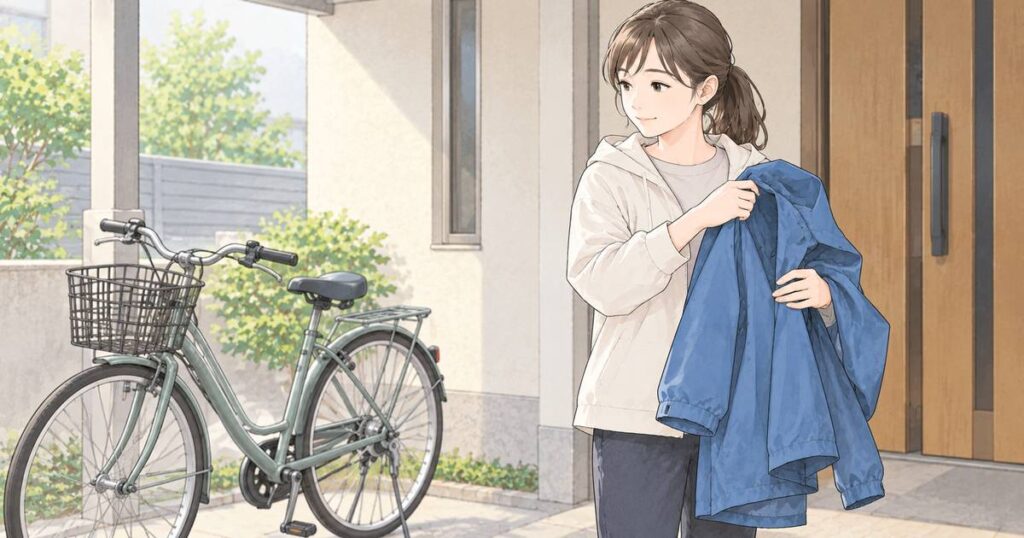 自転車で出掛ける前にレインスーツを手にする人