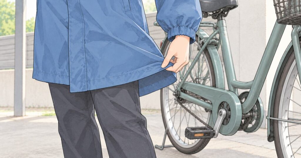 停めた自転車の横でレインウェアの裾を確認する手元