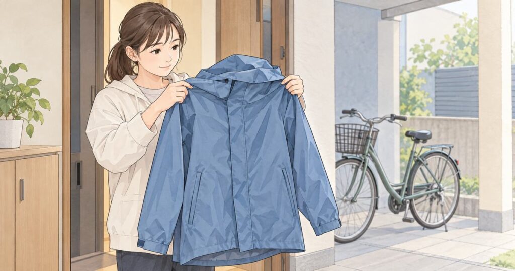 玄関で自転車用レインジャケット全体を確認する人