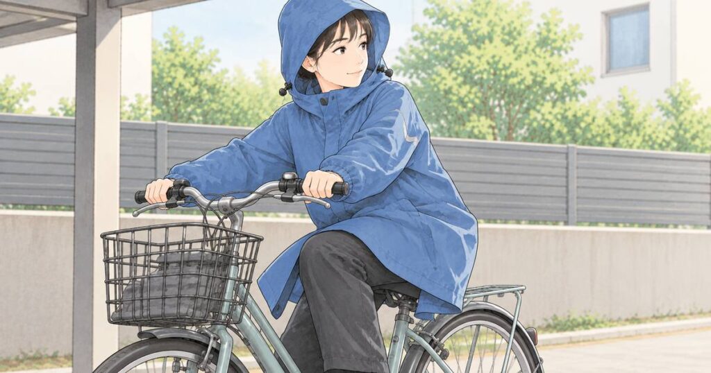 停止した自転車にまたがってレインウェアの着用状態を確認する人