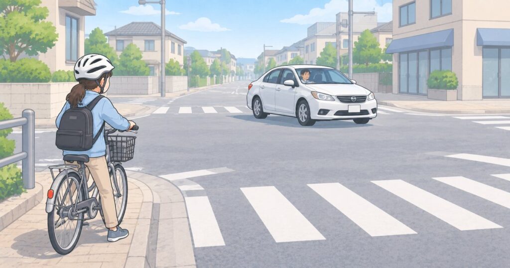 交差点手前で停止し、直進方向を横切る対向右折車を見る自転車利用者