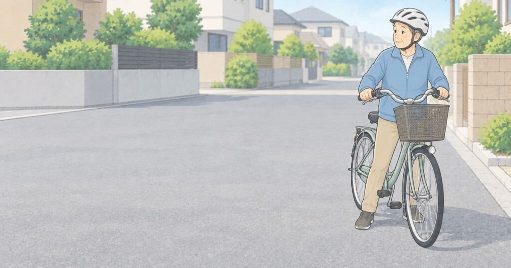 広く平坦な場所で片足をつき、発進前に待つ高齢の自転車利用者