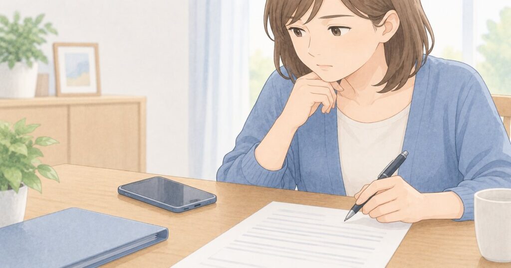 書類への署名前に手を止めてスマートフォンを確認する人