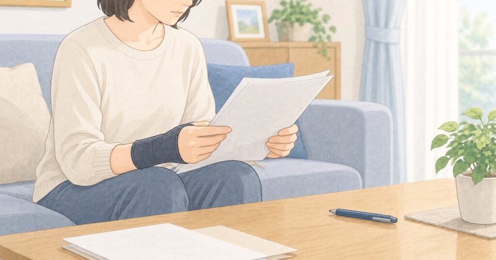 治療中に示談関係の書類を確認している人