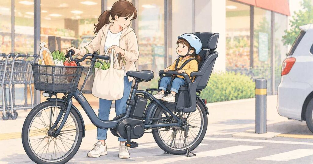 買い物袋を前かごに載せて駐輪した子ども乗せ自転車