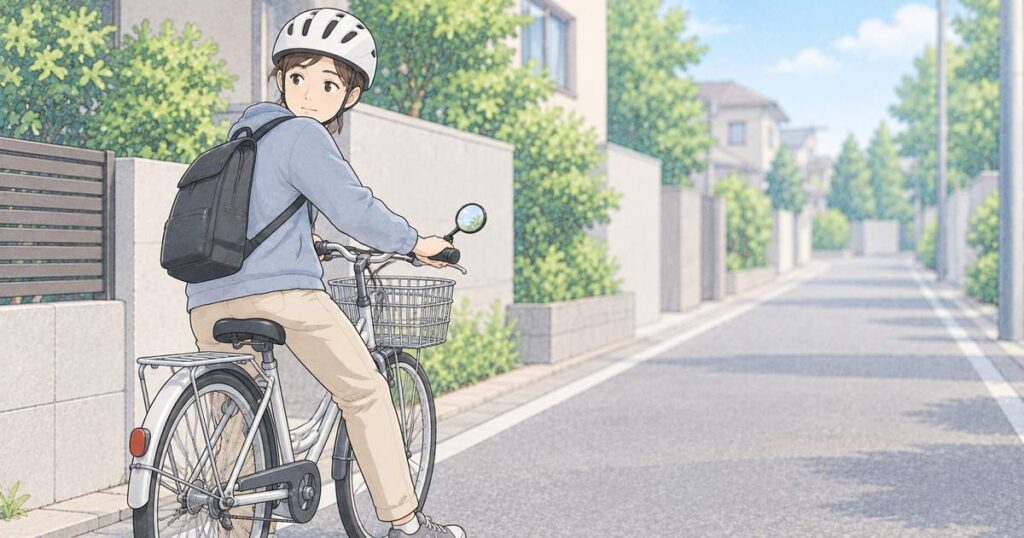 道路左端で停止し肩越しに後方を目視する自転車利用者