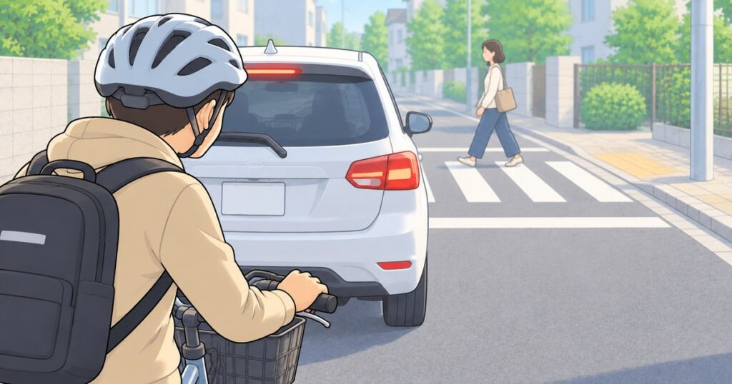 停止車両の前方へ出る手前で足を着いて止まる自転車利用者