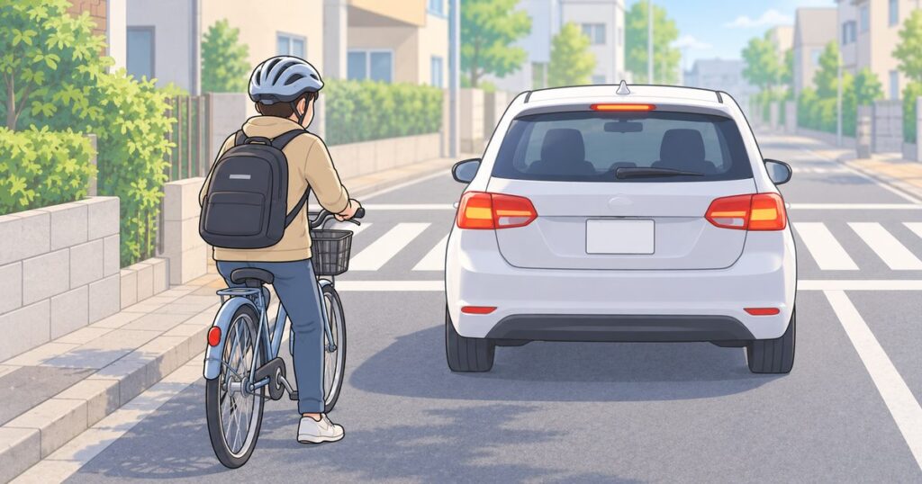 横断歩道手前で止まる車の後方に一時停止した自転車利用者