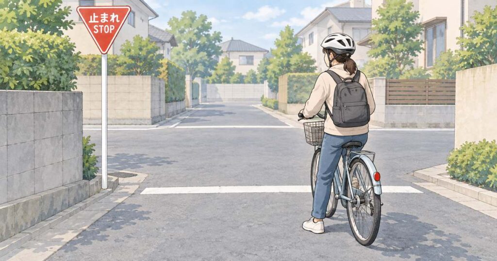 一時停止標識のある交差点で停止線の手前に止まる自転車利用者