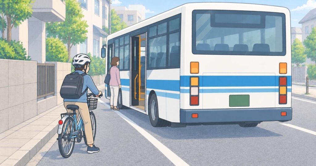 道路左端に停車した路線バスと、後方で停止して待つ自転車利用者